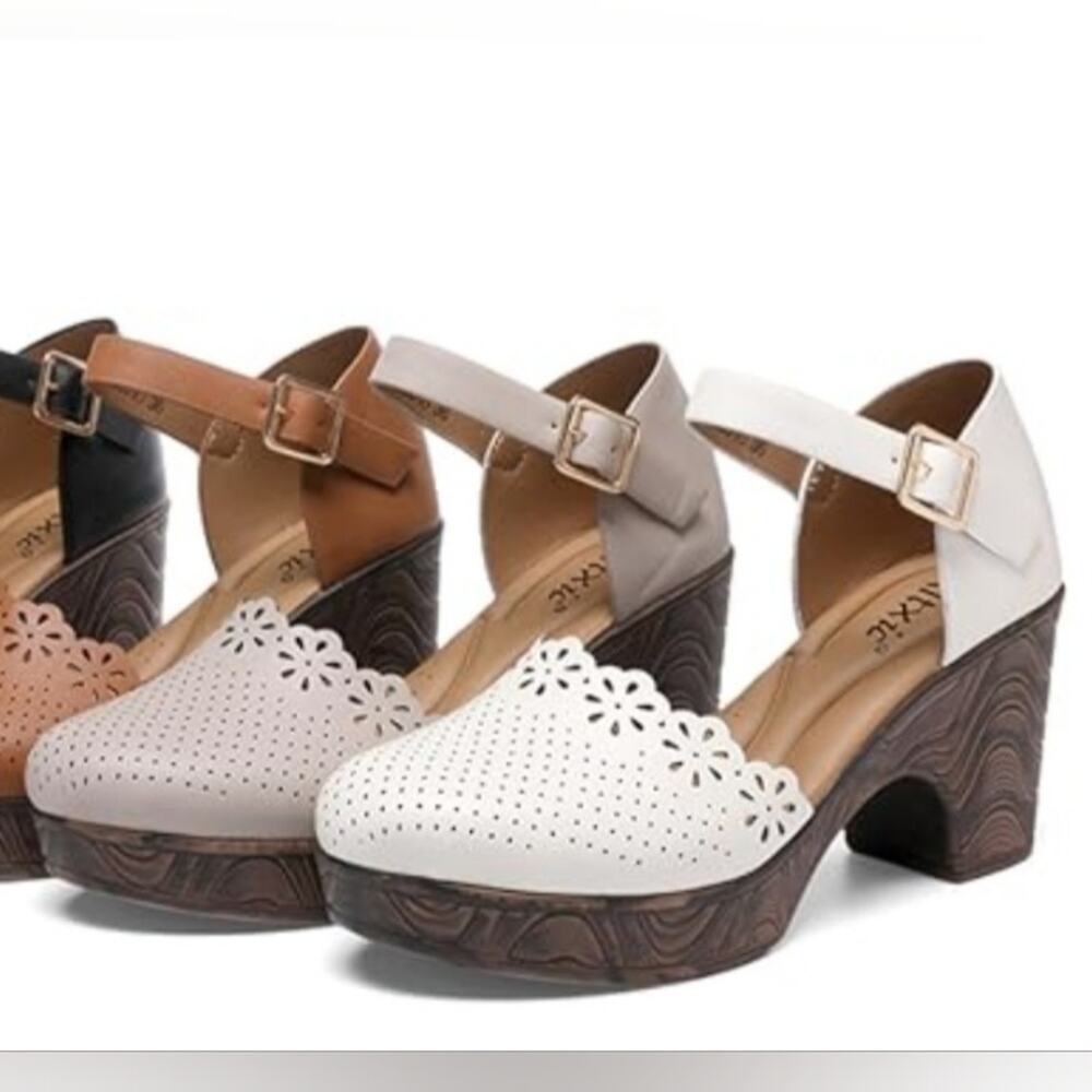 New Altxic Round Closed Toe Chic Women's Perforated Mules with Block Heel Sz8.5